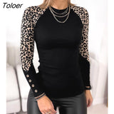 for Women Top Cheetah Print Button Decor Long Sleeve & Autumn Europe and America Skinny Fashion T-shirt Casual Chic