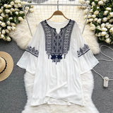 Embroidary Bohemian Women Dress Flare Sleeves Solid Retro O Neck 2022 Fashion Loose Ladies Midi