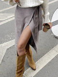 Faux Suede Lace Up Skirts A-Line Winter 2022 Women Warm High Waist Split Skirts Vintage Gray Midi Skirts Office
