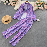 Ethnic Style Print Women Sets Mini Camis Long Sleeve Shirt Top+High Waist Wide Leg Pants Autumn Three Pieces