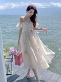 One-Word Shoulder-Sling Sling Dress Woman Gentle Wind Chopped Flower Bubble Sleeve Yarn Fairy Dress