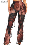 Fashion Women Casual Pant Fringe Lace-up Contract Color Slim Designer Floor-length Boot Cut Female Summer 2023 New