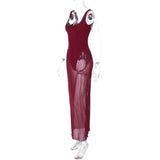 Solid Strap Mesh Bodysuit Maxi Dress-Outfit