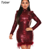 Dresses Sparkly Sequin Feather Party Vestidos Chic Sparkly Y2k Outfit O-neck Turtleneck Dress For Womens Long Sleeve
