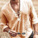 Viking Pirate Medieval Cosplay Halloween Costume Men Shirt V Neck Lace Up Vintage Shirt Half Sleeve Linen Blouse