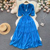 French Folds Long Dress Lapel V Neck Senior Ruff Sleeve Slim Ladies Summer Fashion Elastic Solid Sweet Sexy