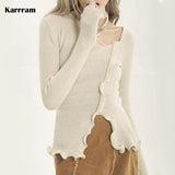 Sexy Irregular Pullovers Women V-neck Split Ruched Designer Knitted Sweater Ladies Elegant Slim Jumpers Autumn Chic