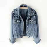 Wish New Hot Selling Nail Pearl Denim Jacket Women's Versatile Pearl Loose Casual Jacket-Outfit