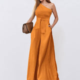 Women's Dress 2025 New Solid Color Collared Shoulder Tie With High-Waisted Broad-Legged Jumpsuit