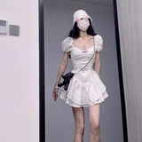 Graduation party Student Ins Chic Summer New Korean Kawaii Girl Spice Square Neck Bubble Sleeve Waist Short Puffy Dress