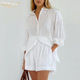 Fashion Purple Women'S Suit Autumn Elegant Loose High Waist Office Shorts Set Female Casual Lapel Blouses Two Piece