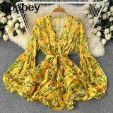 Elegant Party Dress Women Korean Design Ruffles Long Sleeve A-line Dress Spring Mesh Embroidery Flower Short