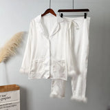 Wear Women Soft Feather Home Suit Button Up Top Slim Pants Two Piece Set 2022 Casual Pajama Elegant Lady Homewear