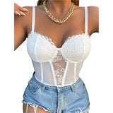 Sexy Lace Corset Cami Hollow Out Tank Top Female See Through Club Party Streetwear Sleeveless Slim Black Goth Crop