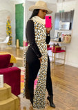Leopard Print Turndown Collar Side Slit Long Sweater