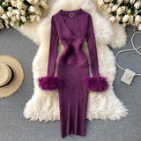 Quality Luxury Shining Knitted Women Dress Sexy Hollow Out V-neck Halter Bodycon Party Dress Fashion Purple