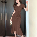 Pieces Outfits Women Chic Casual Folds Stretchy V-Neck Tops T-Shirt High Waist Mermaid Midi Skirt Femme Mujer Slim Sets