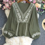 Long Sleeve Pullovers Female Fashion Chic V-neck Loose Floral Embroidered Shirts For Women Boho Casual Beach Blouses