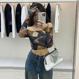 Korean Fashion Slash Neck Crop Tops Geometric Graphic Mesh T-shirts Sexy Slim Long Sleeve Off Shoulder Tshirt