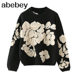 Autumn Winter Floral Print Sweater Women Knitted Pullover Femme Sweaters High Quality Knitted Oversize black Sweater