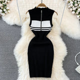 Collar Striped Knitted Vest Dress Summer High-End Sensiastic Hottie Sexy Slimming Bag-Butt