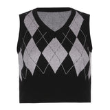 Argyle Y2K Crop Top Sweater Vest V Neck Vintage Sleeveless Tank Jumper Preppy Style Plaid Knitted Pullover