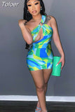 Fashion Geometric Print Women Dresses Summer 2023 Club Asymmetrical Cut Out One Shoulder Bodycon Mini Dress