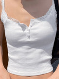 Lace Trim Button-Up Ribbed Crop Cami Top-Outfit