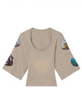 Fashion Women's T-shirt Loose Round Neck Half Sleeve Backless Cartoon Print Khaki Short Tops Cotton Summer 2023 New