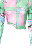 Trendy Printed Sheer Mesh Long Sleeve Crop Top Asymmetrical Contrast Stitch Womens Tshirts Sexy Graphic Tee