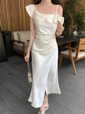 Xixi 2025 Summer New High-Waisted Vertiny Temperament Shoulder Flower Dress High-End Long Dress