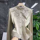 Blouses Womens Clothes Tops Vintage Blusas De Mujer Stand Collar Embroidery Blouse Korean Fashion Long Sleeve