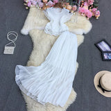 New Spring Autumn Fashion O-neck short sleeve lace patchwork Shirt Top + high waist mid-length pleated Skirt two-piece