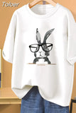 100% Cotton L-5XL Plus Size T Shirt Bunny Print O Neck Tshirt Short Sleeve Women Top Basic Summer Couple Solid T