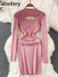 Out Autumn Women Knitted Dress Long Sleeve Elastic Waist Fashion Warm Dress Winter Bodycon Mini Sweater