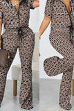 Neck Short Sleeve Top Women Two Piece Suits Lace Up Straight Long Pants Sets Print Tight High Waist Office Lady 2023