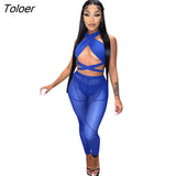 Womens Outfits Suit Women Set Mesh Sleeveless Crop Top Pants Sets Woman Tracksuit Cross Halter Party Club Clothes