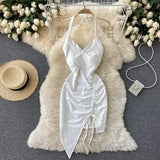 Summer Sexy Drawstring Bodycon Dress Women White Halter Mini Vestidos Ladies High Waist Sleeveless Club Party Robe Female