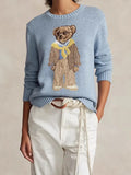 Women's Cartoon Bear Round Collar High-Necked Knitted Sweater In Autumn And Winter