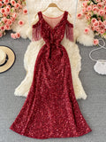 Red/Pink/White Sequins Party Maxi Dress For Women Sexy V-Neck Short Sleeve High Waist Tassel Long Robe Female Elegant
