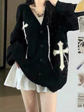 Y2k Grunge Sweater Cardigan Women Korean Streetwear Autumn Loose Black Goth Long Sleeve Top Button Knitted Sweater