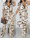Neck Short Sleeve Top Women Two Piece Suits Lace Up Straight Long Pants Sets Print Tight High Waist Office Lady 2023