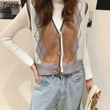 Women's Brown Vest Coats Fashion V-neck Single Breasted Design Sleeveless Cardigans Argyle Matching Colors Waistcoat