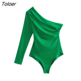 Women Fashion Solid Color Single Shoulder Pleats Asymmetrical Bodysuits Ladies Long Sleeve Playsuits Mujer Rompers