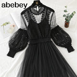 New Women Fashion Dress Stand Collar Lantern Sleeve Mesh Dress See-through Lace Embroidery Fairy Dress Femme Vestidos