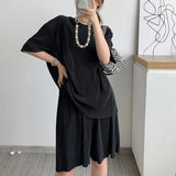 Loose Two Piece Set Womens Round Neck Short Sleeve Tops High Waist Shorts Solid Sets Female Fashion Clothing