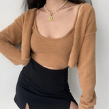 Cropped Button Knit Two Piece Cardigan-Outfit