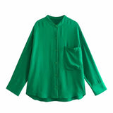 Satin Blouse With Pockets Summer Long Sleeve V Neck Oversize Casual Holiday Women Shirts Za 2021 Chemisier Femme Female
