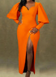 Sexy Irregular Collar Puffed Long Sleeve Slit Long
