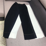 Women Golden Button Hollow Out Knitting Tops + Wide Leg Pants 2Pcs Sets Casual Short Sleeve Tops Knitwear Trousers